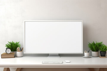 modern workspace with white frame blank screen laptop ai