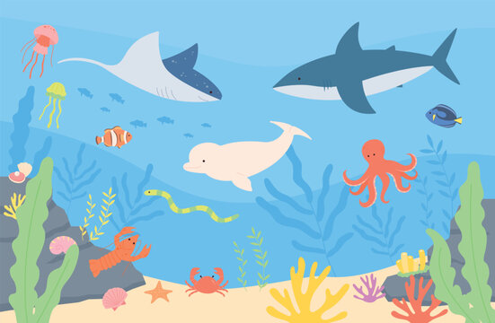 A variety of species live in the sea. flat vector illustration.