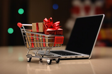 small_shopping_cart_and_present_near_paper_and_laptop