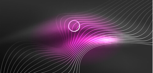 Neon laser lines, circles waves abstract background. Neon light or laser show, electric impulse, power lines, techno quantum energy impulse, magic glowing dynamic lines