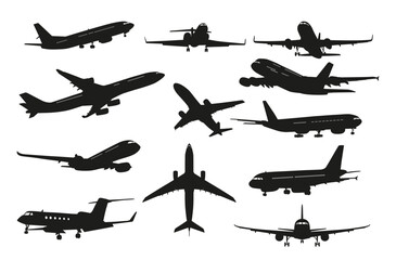 Passenger airplanes black monochrome silhouettes different point set vector flat illustration