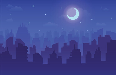 Night modern city skyline megapolis building house with half moon cloud star background vector flat