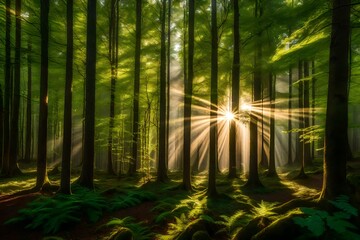 Fototapeta na wymiar A mesmerizing forest scene captured in the golden rays of daylight. The towering trees stand tall, their lush green leaves rustling in the gentle breeze generative ai technology 