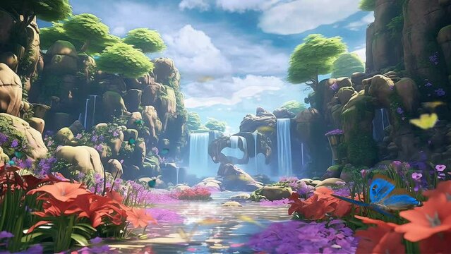 Beautiful waterfall landscape with colorful flowers and butterflies. Seamless 4k animation on cartoon anime style
