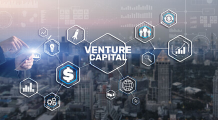 Venture capital. Investor capital. Businessman pressing virtual screen inscription