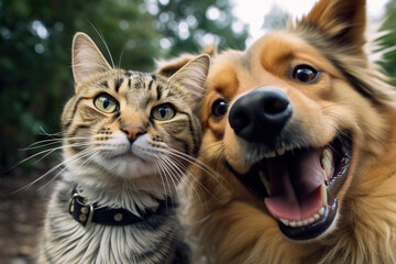 Selfie of cute cat and dog on the lawn in the park