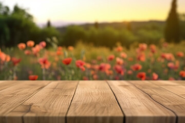 Wooden table with blurred poppy field background