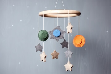 Handmade toys with stars and planet baby crib mobile in children's room - obrazy, fototapety, plakaty