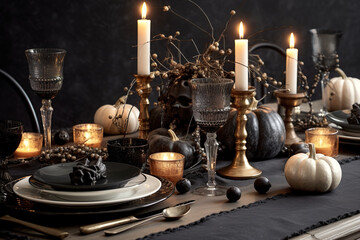 Fototapeta na wymiar Halloween table decoration in dark colors