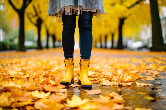 Legs of a young woman in yellow boots on a background of autumn leaves.