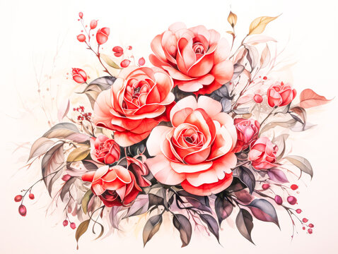 Bouquet of red roses in watercolor style