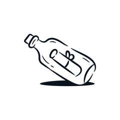 A message paper in a glass bottle hand drawn line clip art. Outline cartoon doodle vector icon logo illustration
