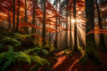 Obraz na płótnie Canvas The sun sets in a blaze of fiery colors, painting the sky with a breathtaking display of hues. Rays of light filter through the canopy, illuminating patches of moss generative ai technology 