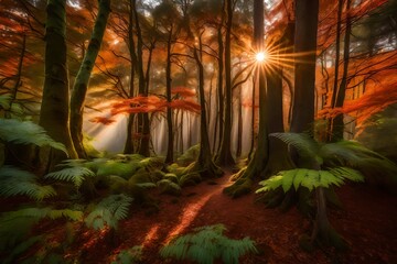 Naklejka na ściany i meble The sun sets in a blaze of fiery colors, painting the sky with a breathtaking display of hues. Rays of light filter through the canopy, illuminating patches of moss generative ai technology 