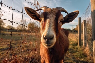 Acurious goat peering through a fence. PNG. Transpareng. Generative AI