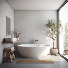 Fototapeta na wymiar Modern bathroom interior with a wooden shelf, two sinks standing on it, a round mirror and a tub