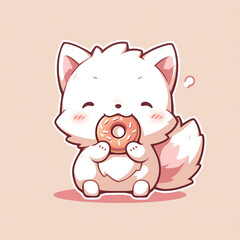 arctic wolf eat doughnut animal chibi cartoon style isolated plain background