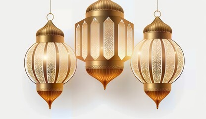 Obraz premium A three golden lanterns hanging from a string. PNG. Transpareng. Generative AI