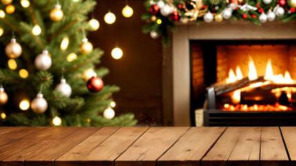 blurred background of xmas tree in home and wooden desk space 