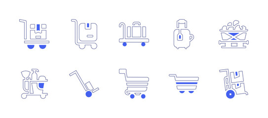 Trolley icon set. Duotone style line stroke and bold. Vector illustration. Containing trolley, baggage, suitcase, wagon, cleaning tools, shopping cart.