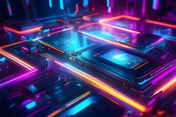 Multilayer computer chip with flowing neon light - generative AI