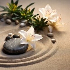 Obraz na płótnie Canvas sand, lily and spa stones in zen garden. Generative ai