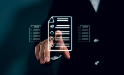 Hand touching on digital tablet and filling survey form online