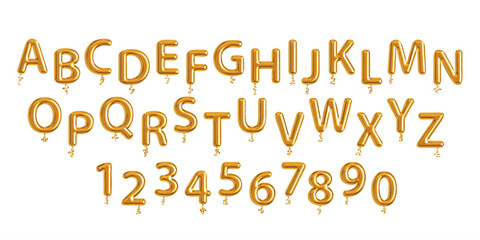 Vector realistic isolated golden balloon font alphabet and numbers on white background. - 629402194