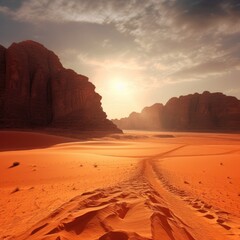 Wadi Rum Desert, Jordan. The red desert and Jabal Al Qattar mountain. Generative ai
