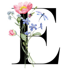 Floral alphabet, letter E with watercolor flowers and leaf. Monogram initials perfectly for wedding invitations, greeting card, logo, poster and other design. Hand painting.