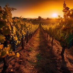 Vineyards at sunset in autumn harvest. Ripe grapes in fall. Generative ai
