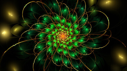 3D illustration. Fractal. Abstract image. Green macro flower with golden edges on a black background. Graphic element, texture for web design.