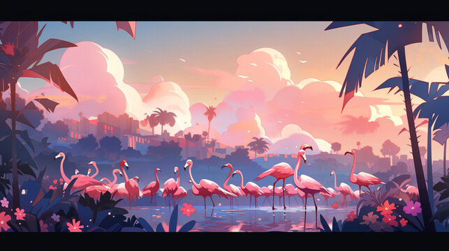 Flamingos scenic vibrant colorful sunset over the mountains generative AI photo