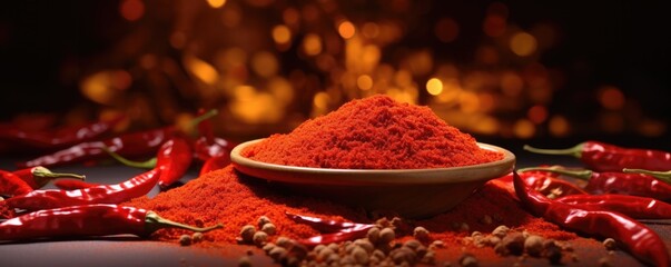 Spicy red chilli powder  in bowl with super chilli. generative ai