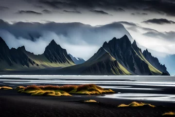 Fototapete Atlantikstraße The iconic Vestrahorn Mountains in Stokksnes, Iceland, stand tall and majestic against the dramatic backdrop of the North Atlantic Ocean generative ai technology 