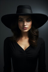 Fototapeta na wymiar Dramatic dark studio portrait of elegant and sexy young woman in black wide hat and black dress.
