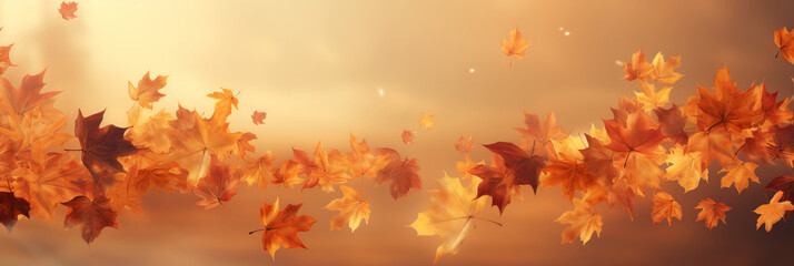 Flying fall maple leaves on autumn background. Falling leaves, seasonal banner with autumn leaf fall.