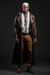 Fototapeta premium full-length photo in the studio of a dark-skinned handsome guy with white hair and blue eyes standing on a dark background with a serious facial expression in brown.