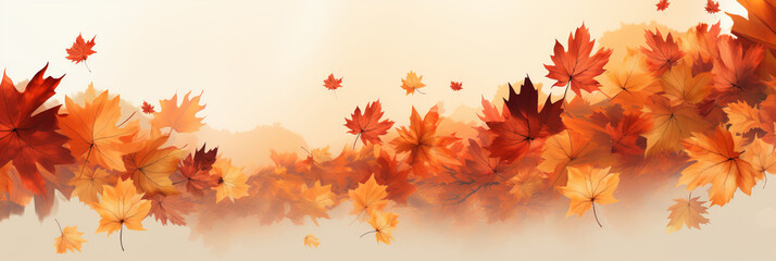 Naklejka na ściany i meble Flying fall maple leaves on autumn background. Falling leaves, seasonal banner with autumn leaf fall.