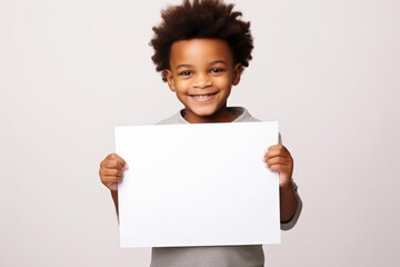 Happy black scholl boy holding blank white banner sign, isolated studio portrait.