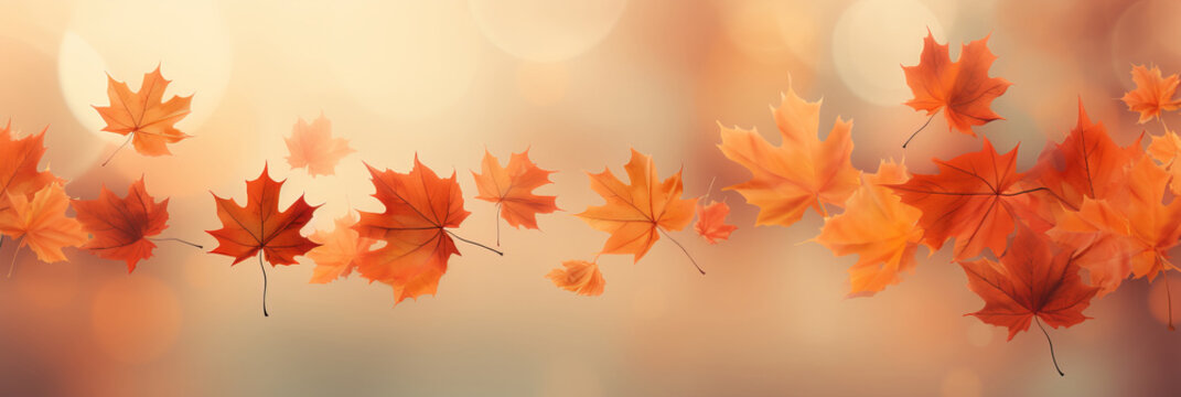 Flying fall maple leaves on autumn background. Falling leaves, seasonal banner with autumn leaf fall.