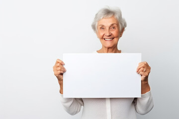 Fototapeta premium Happy old woman holding blank white banner sign, isolated studio portrait.