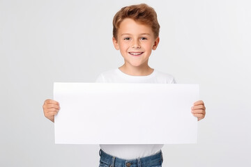 Happy Scholl boy holding blank white banner sign, isolated studio portrait.