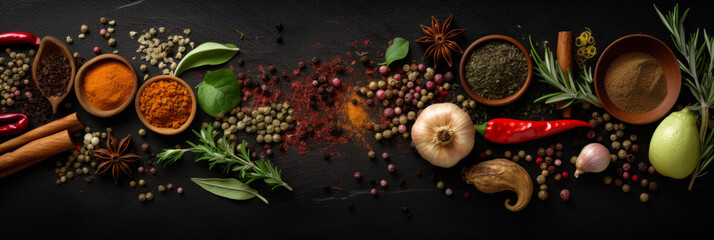 Obraz na płótnie Canvas Herbs and spices for cooking on dark background.