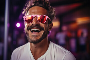 Neon portrait of smiling man model with mustaches and beard in sunglasses and white t-shirt.