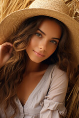 beautiful tanned girl who lies on a wheat field holding straw hat that covers her body, she looks at camera with serious face.