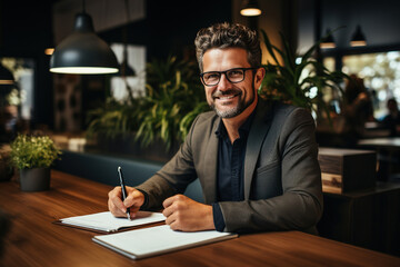 Fototapeta premium Satisfied young man with glasses sitting at a desk and doing paperwork at his workplace.