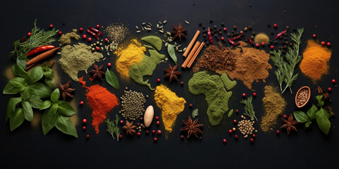 Spices and herbs around the world in the shape of a world map on a dark background. Top view. Creative photo banner.