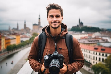 Young man photographer takes photographs with dslr camera in a city. Travel, vacations, professional freelance work and active lifestyle concept.