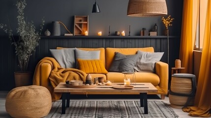 The interior of an apartment or a house of living rooms with gray sofas, designers, coffee tables, commoth wood and luxurious furniture. Honey yellow pillow.